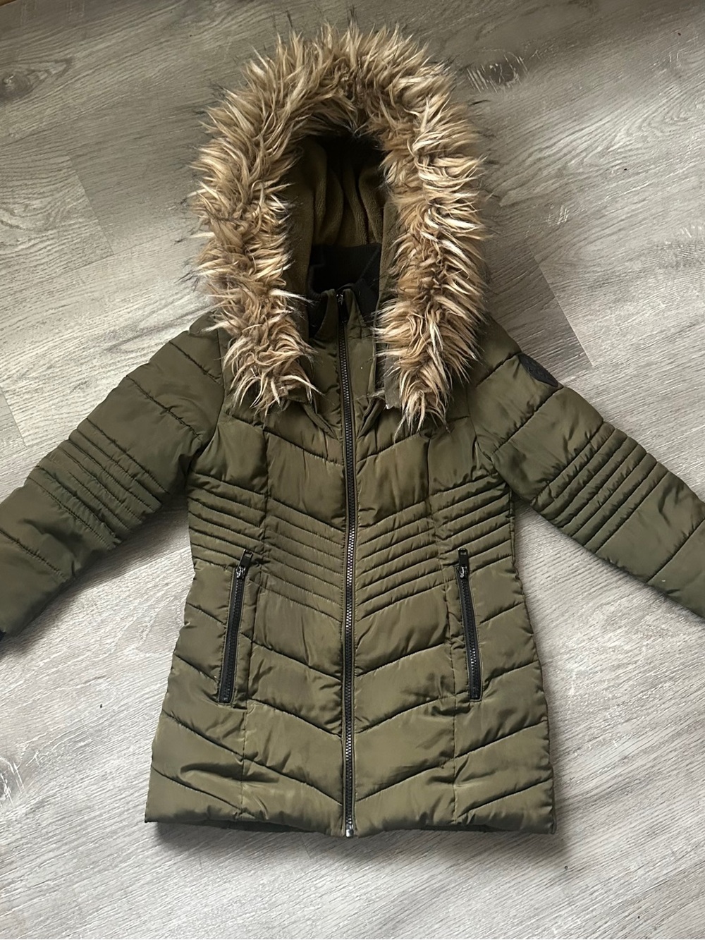 Diesel Olive Green Quilted Puffer with Faux-Fur Trim Hood